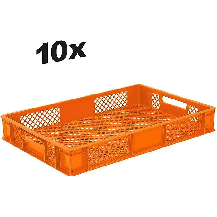 BRB 10x Eurobehälter, LxBxH 600x400x90 mm, Inhalt 15 Liter - orange - Set aus 10 orangefarbenen perforierten Kunststoffkisten für Lagerung und Transport.