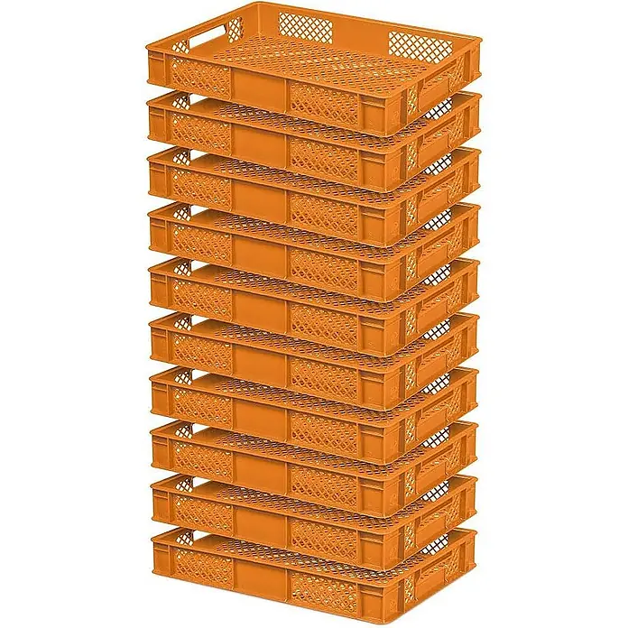 BRB 10x Eurobehälter, LxBxH 600x400x90 mm, Inhalt 15 Liter - orange - Gestapelte orangefarbene perforierte Kunststoffkisten.
