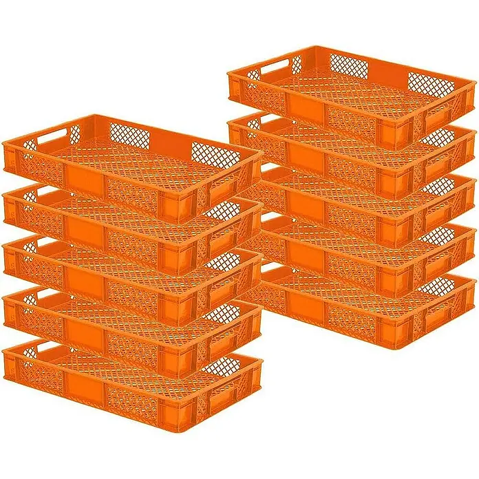 BRB 10x Eurobehälter, LxBxH 600x400x90 mm, Inhalt 15 Liter - orange - Gestapelte orangefarbene Kunststoff-Brotkisten mit perforierten Böden und Seiten.