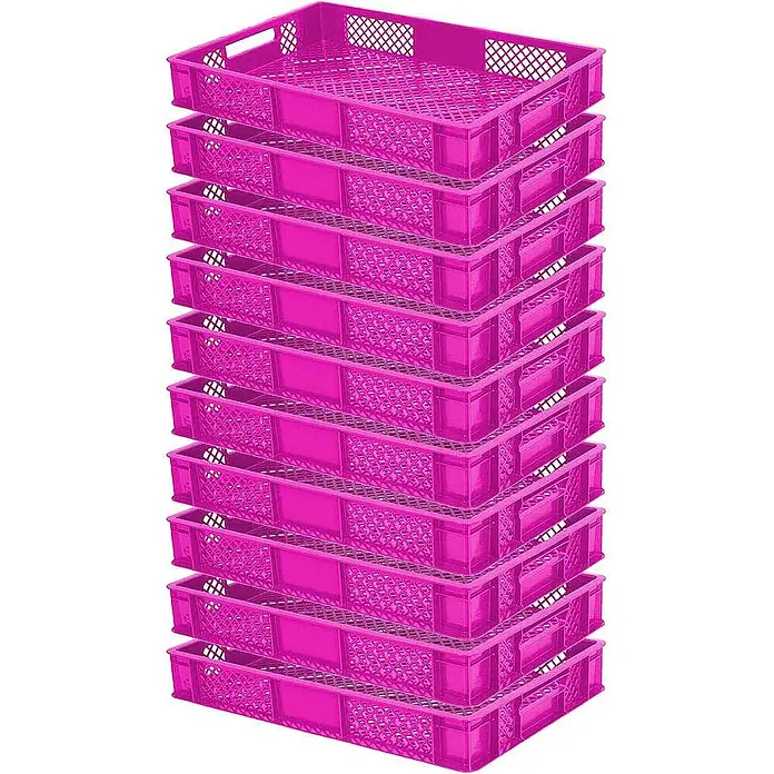 BRB 10x Eurobehälter, LxBxH 600x400x90 mm, Inhalt 15 Liter - pink - Stapel leuchtend pinker Ablagekörbe aus Kunststoff mit perforiertem Boden.