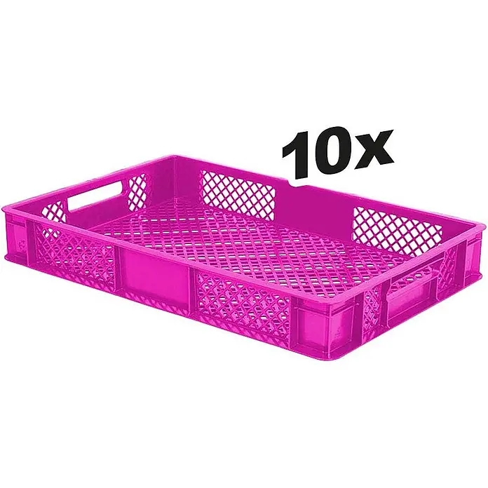 BRB 10x Eurobehälter, LxBxH 600x400x90 mm, Inhalt 15 Liter - pink - Rosa Kunststoff-Gitterbox mit integrierten Griffen, zur Lagerung und zum Transport geeignet.