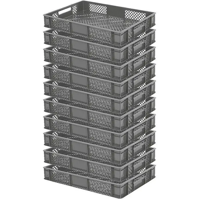 BRB 10x Eurobehälter, LxBxH 600x400x90 mm, Inhalt 15 Liter - grau - Stapel rechteckiger grauer Kunststoffkisten mit perforierten Seiten und Böden, für Lagerung und Transport.
