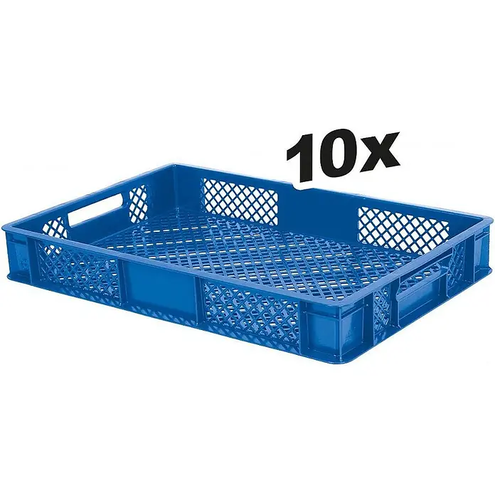 BRB 10x Eurobehälter, LxBxH 600x400x90 mm, Inhalt 15 Liter - blau - Blaue, perforierte Kunststoff-Lagerkiste mit Griffen, ideal für Belüftung und Transport.