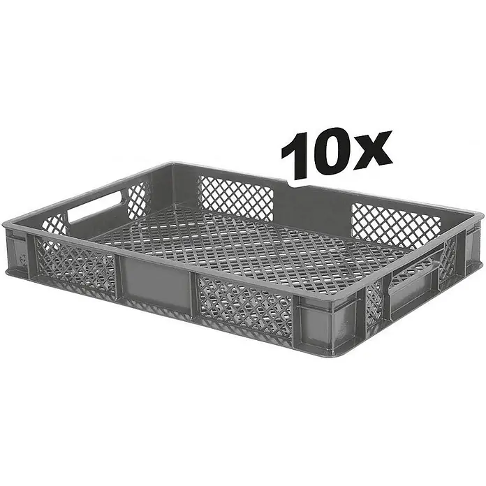 BRB 10x Eurobehälter, LxBxH 600x400x90 mm, Inhalt 15 Liter - grau - Dunkelgraue Kunststoffkiste mit gelochtem Boden und Seiten, beschriftet mit '10x'.