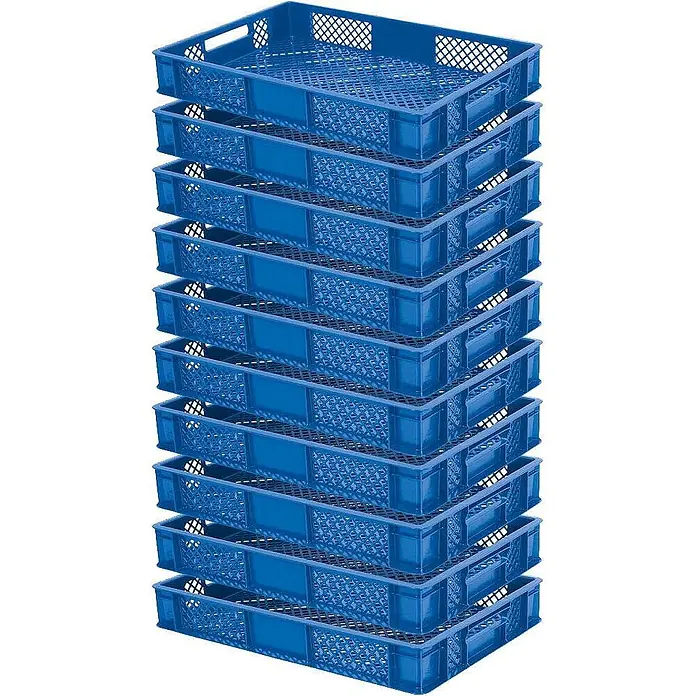 BRB 10x Eurobehälter, LxBxH 600x400x90 mm, Inhalt 15 Liter - blau - Stapel blauer perforierter Kunststoff-Brotkisten.