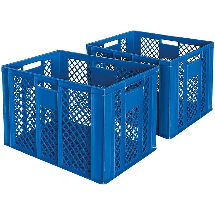 BRB 2x Eurobehälter/Bäckerkiste, LxBxH 600x400x410 mm, durchbrochen - blau - Zwei blaue Kunststoff-Lagerkisten mit Gitterdesign, stapelbar.