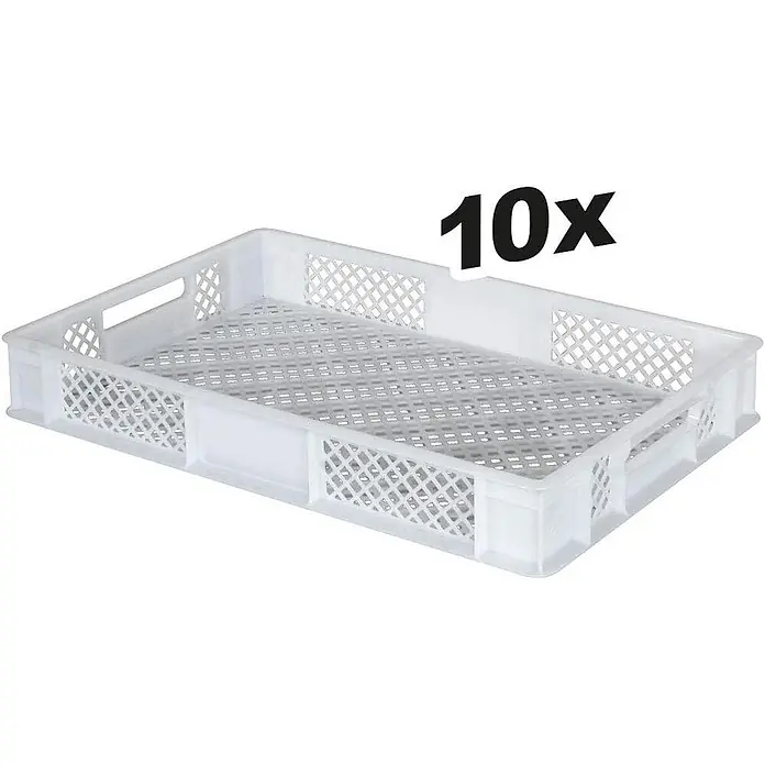 BRB 10x Eurobehälter, LxBxH 600x400x90 mm, Inhalt 15 Liter - weiß - Weißes rechteckiges Kunststofftablett mit perforiertem Boden und Seiten, mit Griffen, im 10er-Set.