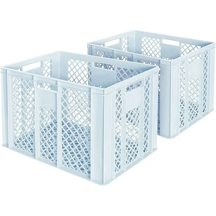 BRB 2x Eurobehälter/Bäckerkiste, LxBxH 600x400x410 mm, durchbrochen, weiß -  - Zwei hellblau-graue Kunststoffkisten mit gelochten Seiten und Griffen, ideal für Lagerung oder Transport.