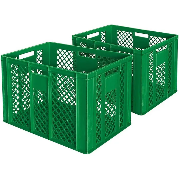 BRB 2x Eurobehälter/Bäckerkiste, LxBxH 600x400x410 mm, durchbrochen - grün - Zwei grüne Kunststoffkisten mit Gitterseiten, ideal für Lagerung und Transport.