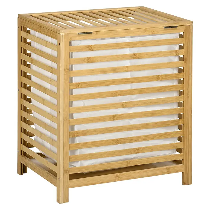 SONNENH Wäschekorb aus Bambus, naturfarben, 55 l, mit Klappdeckel -  - Natürlicher Bambus-Wäschekorb mit Lattenrost-Design und herausnehmbarem weißen Stoffeinsatz.