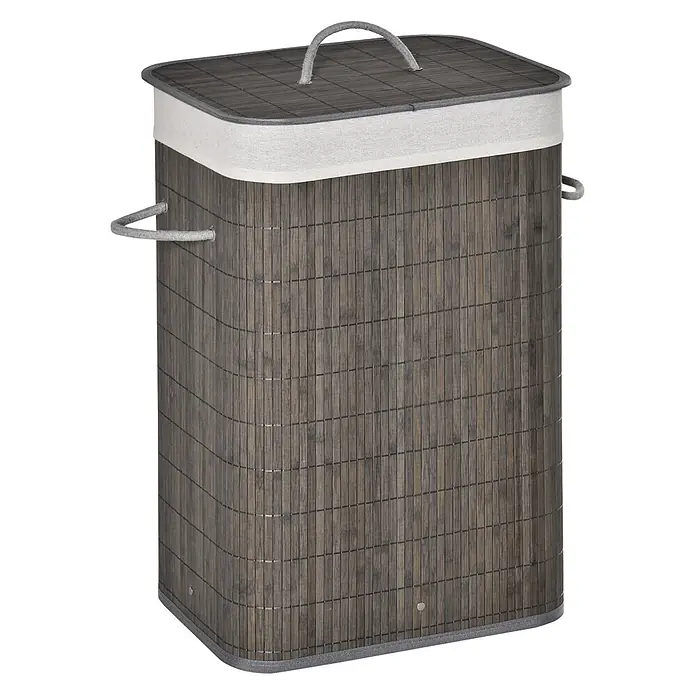 SONNENH Wäschekorb aus Bambus, grau, 83 l, faltbar mit Deckel -  - Rechteckiger dunkelgrauer Wäschekorb aus Bambus mit hellem Stoffeinsatz und grauen Seilgriffen.