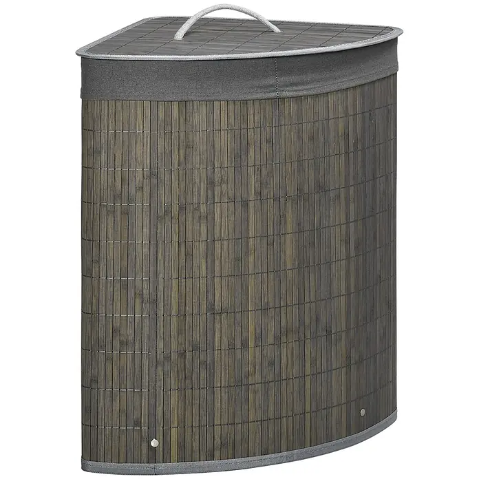 SONNENH Eck-Wäschekorb aus Bambus, grau, 55 l, mit Deckel -  - Eck-Wäschekorb aus dunklem Bambus mit grauem Stoff umrandetem Deckel und Seilgriff.