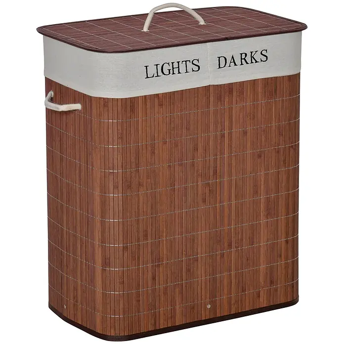 SONNENH Wäschekorb aus Bambus, braun, 100 l, mit Sortierbeutel -  - Brauner Bambus-Wäschesammler mit Deckel, Stoffeinsatz und "LIGHTS DARKS" Sortieretiketten.