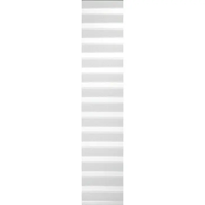 Expo Ambiente Flächenvorhang Space - 60 x 300 cm, Weiß, 100 % Polyester - Das Bild zeigt eine Nahaufnahme einer modernen, horizontal gestreiften Fensterjalousie in sanften Grautönen und Weiß, die für Privatsphäre sorgt.