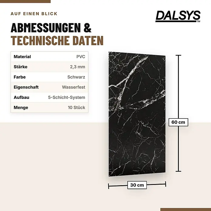 Dalsys 10x Wandverkleidung Selbstklebend 60x30cm Schwarz PVC - 
