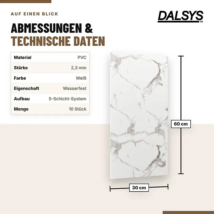 Dalsys 10x Wandverkleidung Selbstklebend 60x30cm Weiß PVC - 