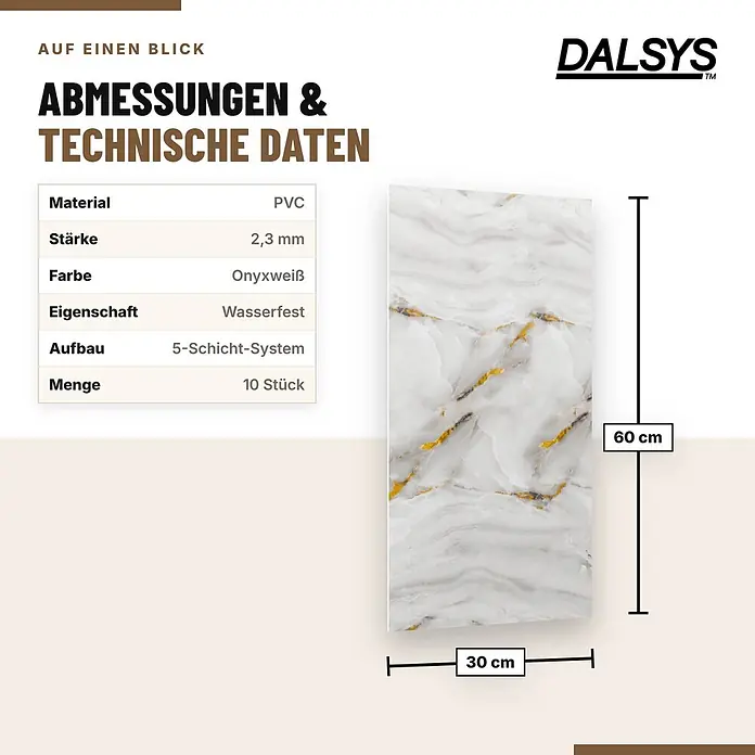 Dalsys 10x Wandverkleidung Selbstklebend 60x30cm Onyxweiß PVC - 