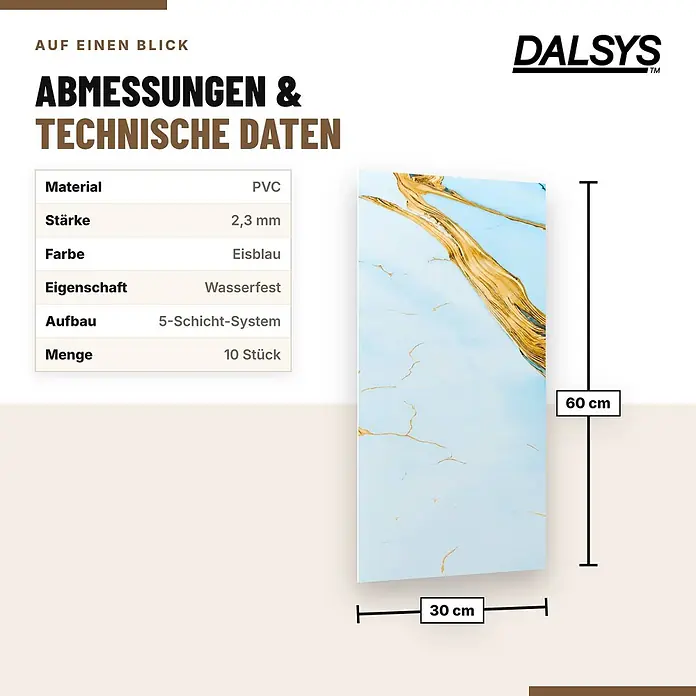 Dalsys 10x Wandverkleidung Selbstklebend 60x30cm Eisblau PVC - 