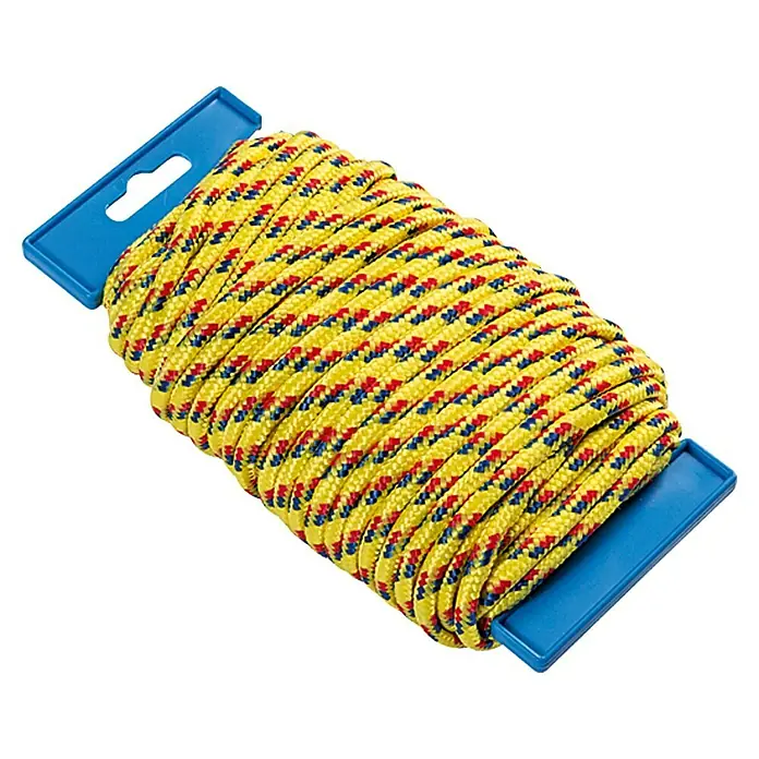 Seil Polypropylen - 25 m, Polypropylen, Durchmesser: 5 mm - Ein auf einer blauen Spule aufgewickeltes, gelb-rot-blaues Seil. Ideal für Camping, Outdoor-Aktivitäten und als vielseitiges Werkzeug.