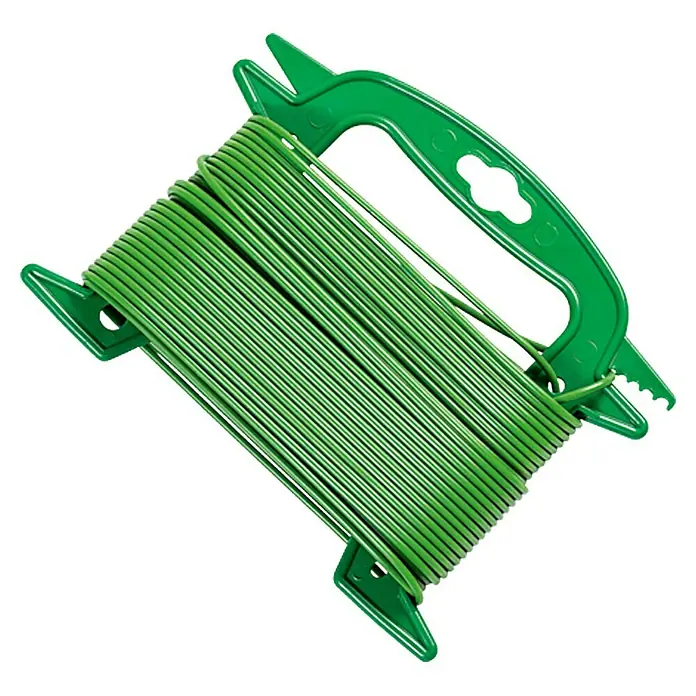Seil PVC - 15 m, PVC, Durchmesser: 3 mm - Bild eines grünen Gartendraht-Spenders mit Draht. Ideal zum Befestigen von Pflanzen im Garten, enthält eine Schneidevorrichtung.
