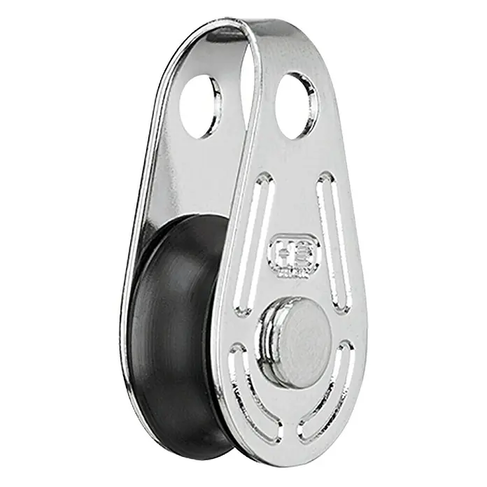 Sprenger Super-Mini-Block - 6 mm, Gleitlager, 1 Rolle, Arbeitslast: 112 kg - Eine Nahaufnahme eines einzelnen, silberfarbenen Umlenkblocks mit einer schwarzen Rolle, der für verschiedene Anwendungen geeignet ist.