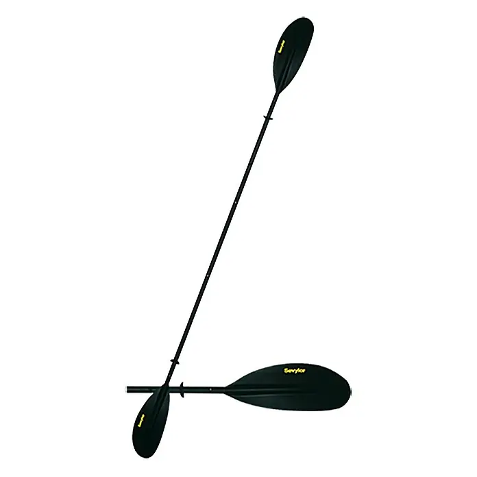 Sevylor Doppelpaddel K-PERFECT 230 - 230 x 18 cm, Zerlegbar - Zwei schwarze Sevylor-Paddel, eines diagonal und eines horizontal, beide mit gelber Beschriftung, für Wassersport und Bootsfahrten.