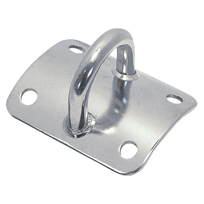 Marinetech Placa de mástil - Curvado, L x An: 46,5 x 42 mm, Acero inoxidable, A2 - Placa metálica brillante con un ojal central y cuatro agujeros de montaje. Ideal para sujetar objetos diversos de forma segura.
