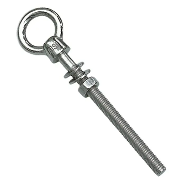 Marinetech Ringschraube - Durchmesser: 10 mm, Länge: 100 mm, M 10, Edelstahl, A4 - Ein silberner Ösenbolzen mit Gewinde, Mutter und Unterlegscheiben, der für Befestigungen und Aufhängungen geeignet ist.