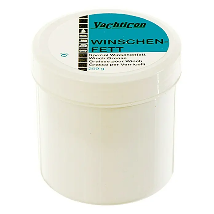 Yachticon Winschenfett - 250 g, Dose - Abbildung eines weißen Tiegels Yachticon Winschenfett, einem Spezialfett für Winschen, mit der Aufschrift "250 g".