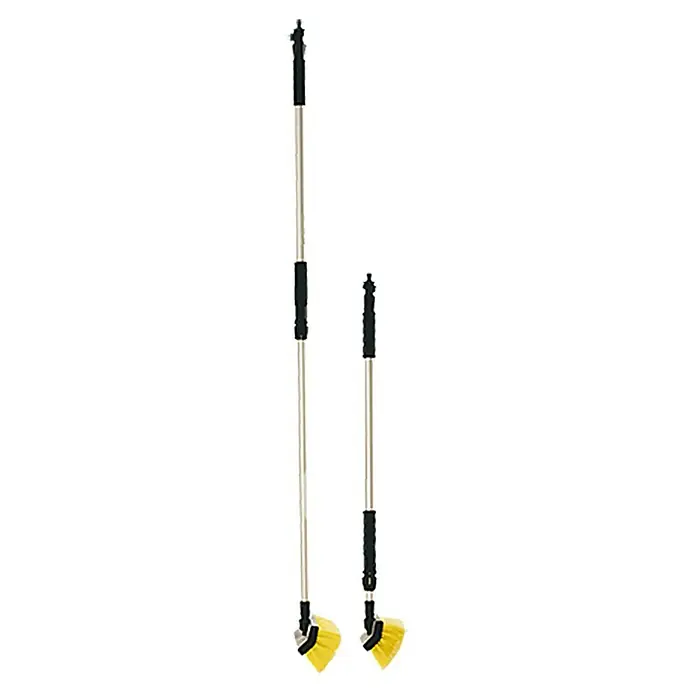 Yachticon Waschbürste Deluxe - Teleskopierbar, Länge Stiel: 90 cm - 175 cm, Aluminium - Bild von zwei Teleskop-Waschbürsten mit gelben Borsten und schwarzen Griffen vor einem neutralen Hintergrund.