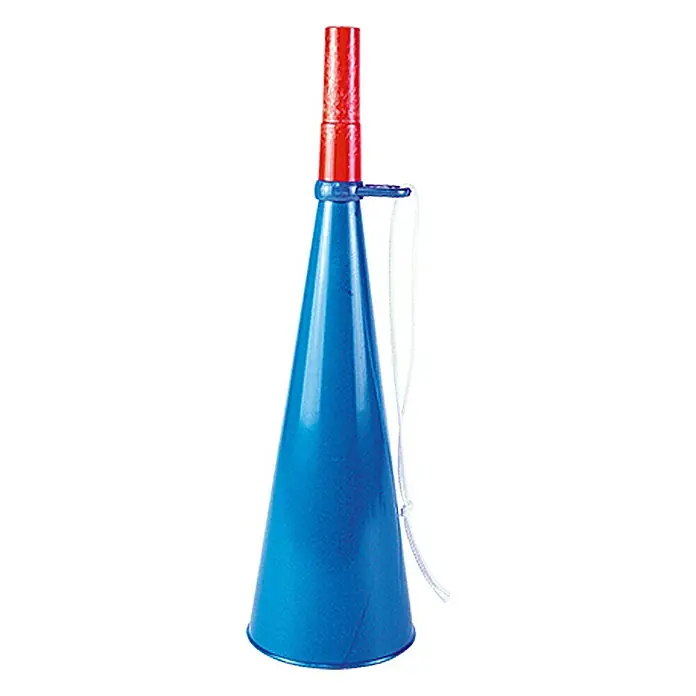 Nebelhorn42 cm, Kunststoff - Abbildung eines blauen Fanfaren-Trichter mit rotem Mundstück, ein lautes und auffälliges Accessoire für Sportveranstaltungen und Feiern.