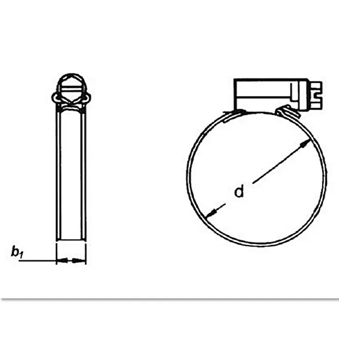 Schlauchschelle - Spannbereich: 25 mm - 40 mm, Edelstahl, A4 - Schematische Darstellung einer Schlauchschelle mit den Abmessungen d und b1 für technische Zeichnungen.
