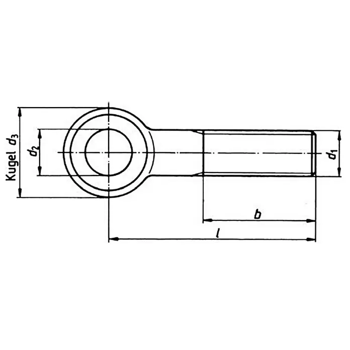 Marinetech Tornillo de armella - M 8, 60 mm, A4 - Dibujo técnico de una rótula con dimensiones para ilustrar las medidas y las especificaciones de diseño.