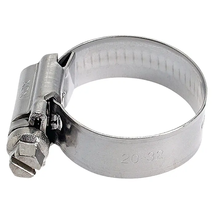 Schlauchschelle - Spannbereich: 10 mm - 16 mm, Edelstahl, A4 - Nahaufnahme einer Schlauchschelle aus Metall mit Schraube zum Festziehen, ideal für Befestigungen im Sanitär- und Heizungsbereich.