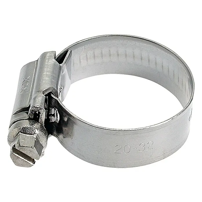 Schlauchschelle - Spannbereich: 10 mm - 16 mm, Edelstahl, A4 - Nahaufnahme einer Schlauchschelle aus Metall mit Schraube zum Festziehen, ideal für Befestigungen im Sanitär- und Heizungsbereich.