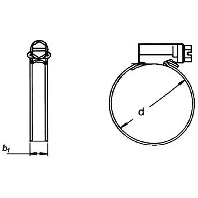 Schlauchschelle - Spannbereich: 16 mm - 27 mm, Edelstahl, A4 - Technische Zeichnung einer Schlauchschelle mit Bemaßung der Breite (b1) und des Durchmessers (d).