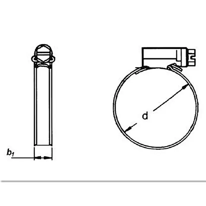 Schlauchschelle - Spannbereich: 20 mm - 32 mm, Edelstahl, A4 - Abbildung einer Schlauchschelle mit den Maßen b1 und d, die die Abmessungen des Produkts hervorheben.