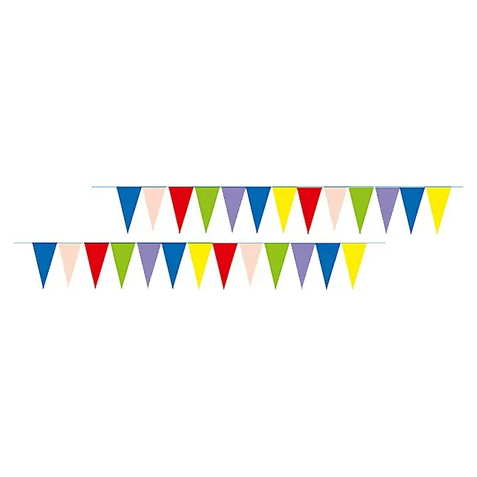 Talamex Flaggenleine - Länge: 12 m, Maße: 18 x 36 cm (Wimpel) - Abbildung einer bunten Wimpelkette, ideal für Dekorationen. Sie besteht aus dreieckigen Flaggen in verschiedenen Farben, die an einer Schnur befestigt sind.