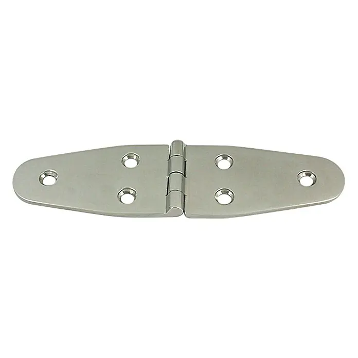 Marinetech Scharnier - L x B: 145 x 38 mm, Stahlsorte: A2 - Ein langes, silbernes Türband mit abgerundeten Enden und mehreren Schraubenlöchern, das ein robustes und zuverlässiges Bauelement darstellt.