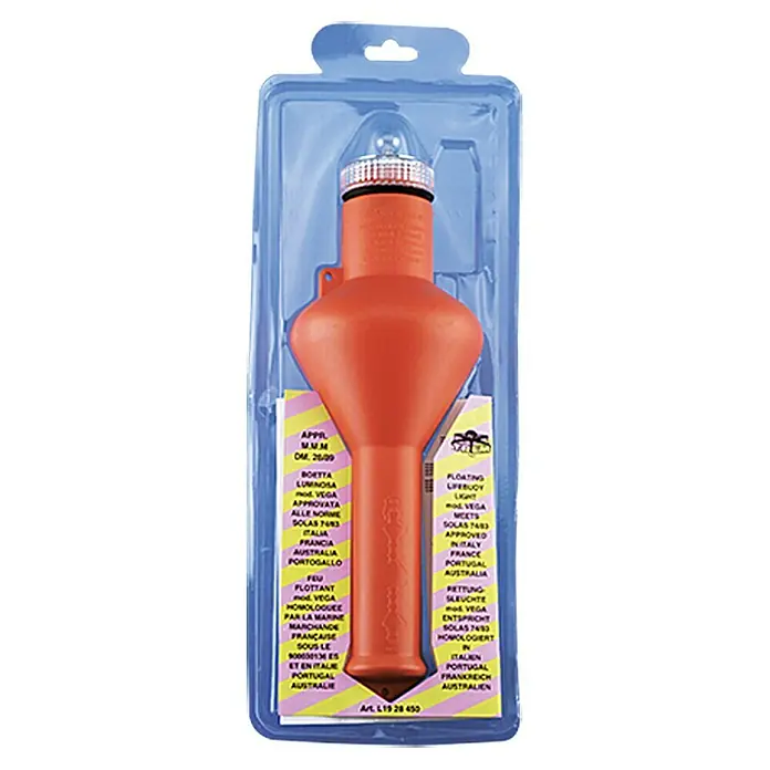Talamex Rettungs-Signalboje VEGA 2006 - Kunststoff, 1,5 V - Ein orangefarbener VEGA-Rettungsbojen-Schwimmlicht mit Blinklicht in transparenter Verpackung.