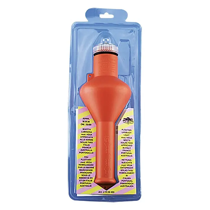 Talamex Rettungs-Signalboje VEGA 2006Kunststoff, 1,5 V - Ein orangefarbener VEGA-Rettungsbojen-Schwimmlicht mit Blinklicht in transparenter Verpackung.