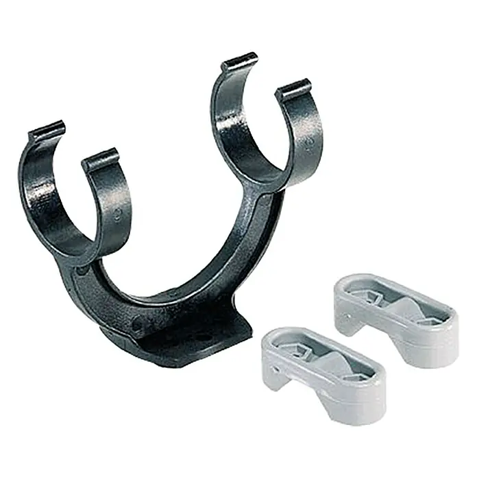 Rettungsbojenlichthalter - Kunststoff - Ein schwarzer Rohrschellenhalter aus Kunststoff mit zwei grauen Montageblöcken, ideal für die Installation von Rohren oder Leitungen.