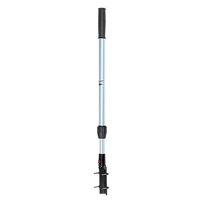 Alargador para caña - Ajustable: 70 cm - 120 cm, Aluminio, Resistente al agua del mar - Mango telescópico plateado con empuñadura negra y un accesorio de recolección negro con púas y botón rojo.