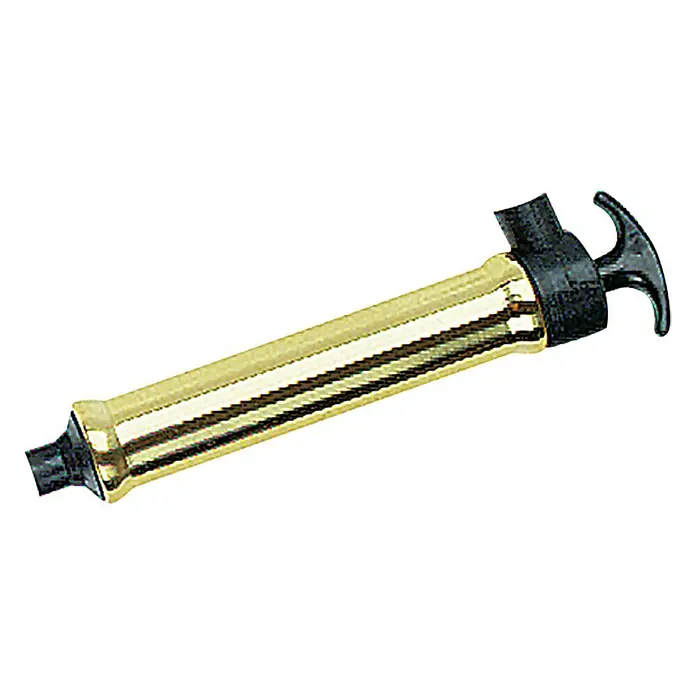 Talamex Ölabsaugpumpe - 23 cm, Messing, Schlauch - Abbildung einer Fettpresse mit goldenem Gehäuse und schwarzem Griff, ein Werkzeug zur Schmierung von Maschinenteilen.