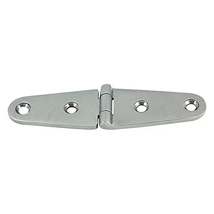 Marinetech Scharnier - L x B: 100 x 25 mm, Stahlsorte: A4 - Ein flaches, silberfarbenes Scharnier mit abgerundeten Ecken und Befestigungslöchern.