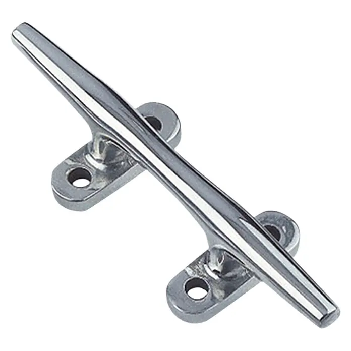 Belegklampe - 150 mm, Rund, Edelstahl, A4, Anzahl Bohrungen: 4 Stk. - Nahaufnahme einer eleganten, silbernen Bootsklampe zur sicheren Befestigung von Seilen.