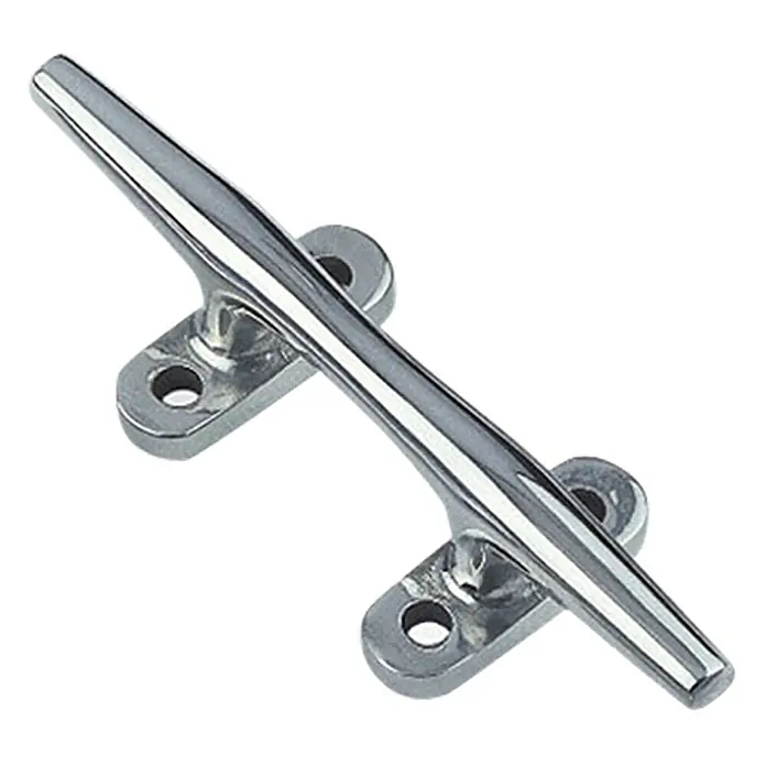 Belegklampe - 150 mm, Rund, Edelstahl, A4, Anzahl Bohrungen: 4 Stk. - Nahaufnahme einer eleganten, silbernen Bootsklampe zur sicheren Befestigung von Seilen.