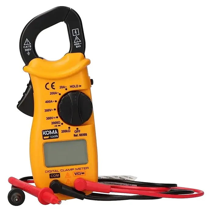 Koma Tools Pinza amperimétrica Digital 400A - 20 V - 300 V, Corriente nominal: 400 A - Pinza amperimétrica digital amarilla con mordazas negras y cables de prueba rojos y negros, para mediciones eléctricas.