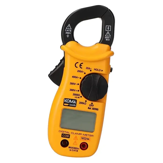 Koma Tools Pinza amperimétrica Digital 400A - 20 V - 300 V, Corriente nominal: 400 A - Pinza amperimétrica digital KOMA tools amarilla y negra con pantalla LCD y dial giratorio para medir corriente, voltaje y resistencia.