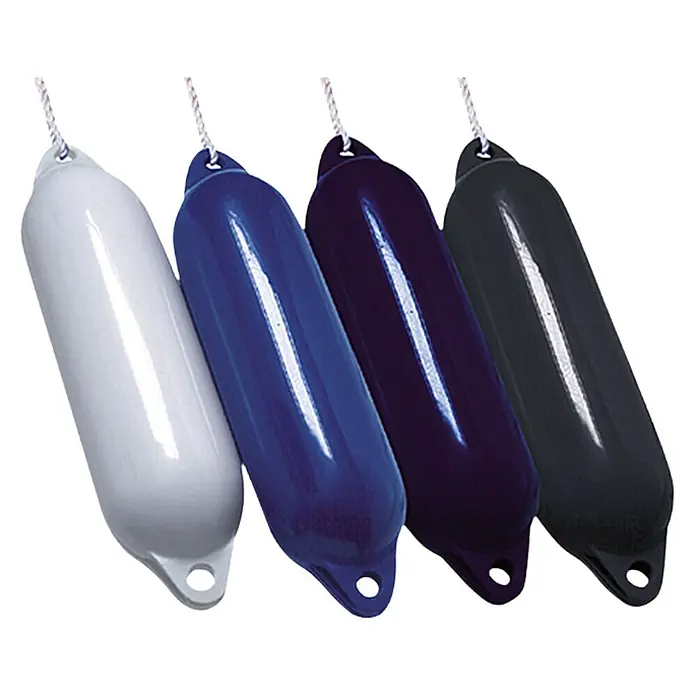 Talamex Fender Star - Ø x L: 21 x 62 cm, Blau - Die Abbildung zeigt vier Bootsfender in Weiß, Blau, Dunkelblau und Schwarz, die zum Schutz von Booten vor Schäden dienen.